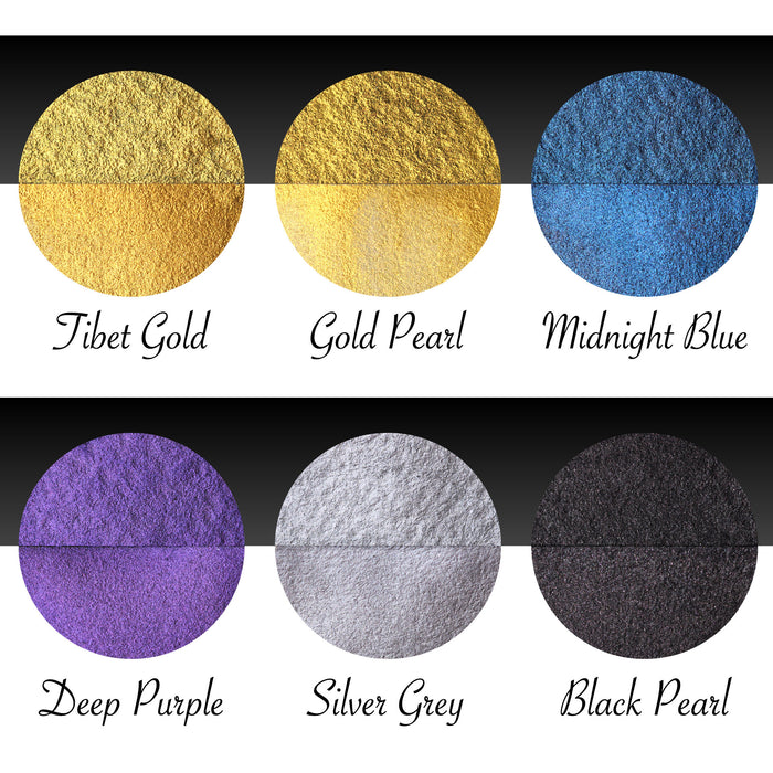 Pharao set includes one pan each of Tibet Gold, Gold Pearl, Midnight Blue, Deep Purple, Silver Grey and Black Pearl.