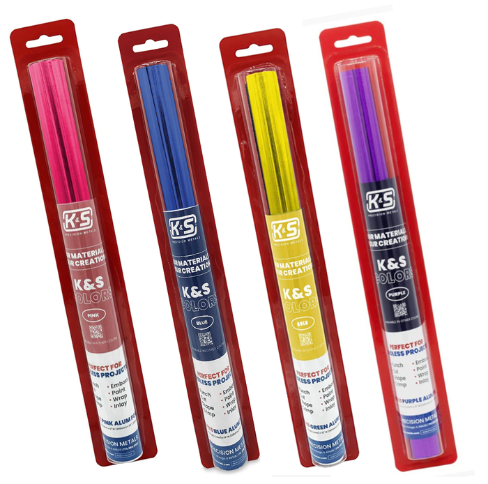 K & S Aluminum Tooling Foils in product packaging- pink, blue, gold, purple