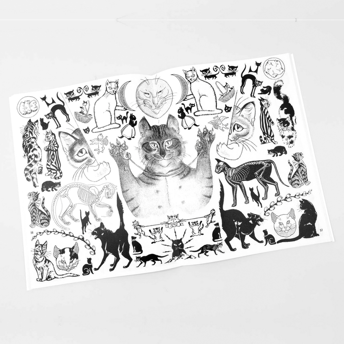Open book of black and white cat-themed illustrations on a white background