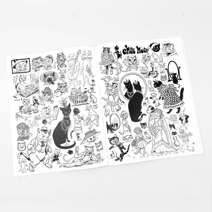 Two sheets of black and white cat-themed illustrations on a light gray background