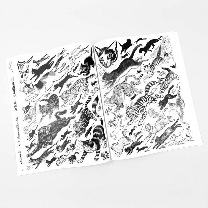 Open book with pages displaying black and white illustrations of cats on a light gray background