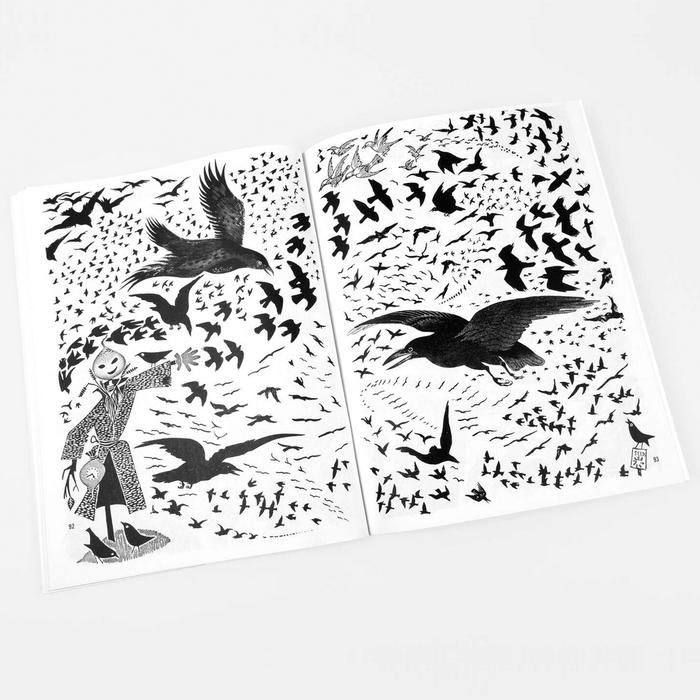 two pages of black and white illustrations of crows with a scarecrow