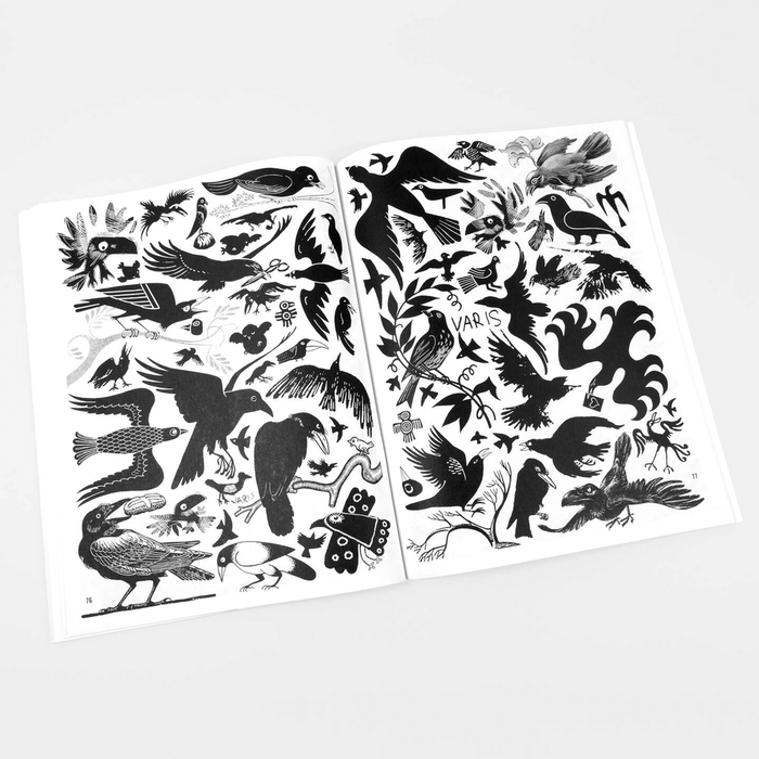 two pages of black and white illustrations of crows