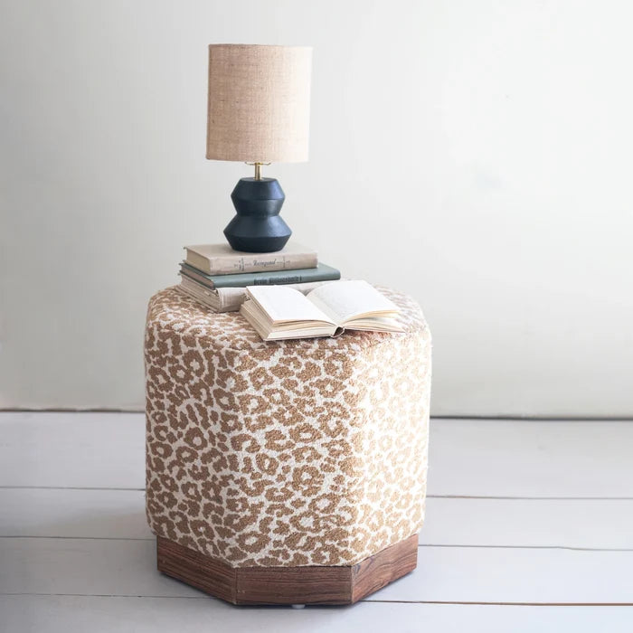 Creative Co-Op | Cotton & Pine Wood Tufted Ottoman, Leopard Print