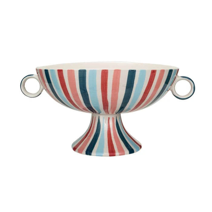 Creative Co-Op | Hand-Painted Stoneware Footed Bowl w/Handles & Stripes