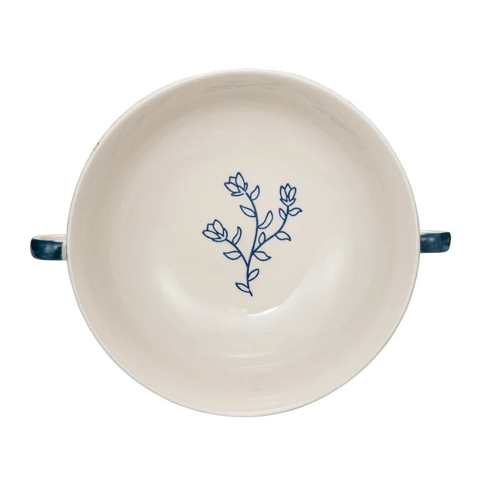 Creative Co-Op | Hand-Painted Stoneware Footed Bowl w/Handles & Stripes
