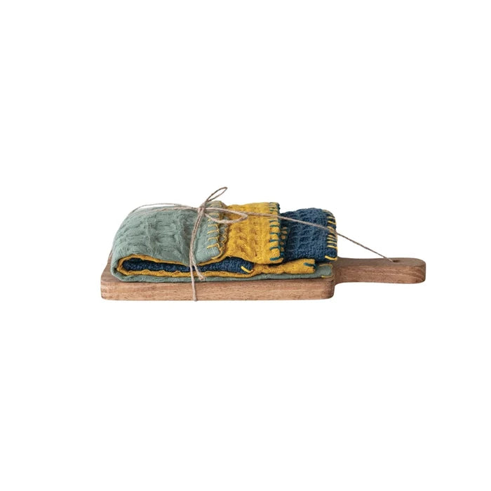 Creative Co-Op | Square Cotton dishcloth w/ Mango Wood Board Set