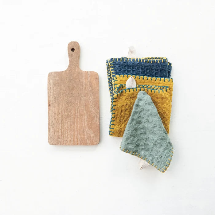 Creative Co-Op | Square Cotton dishcloth w/ Mango Wood Board Set
