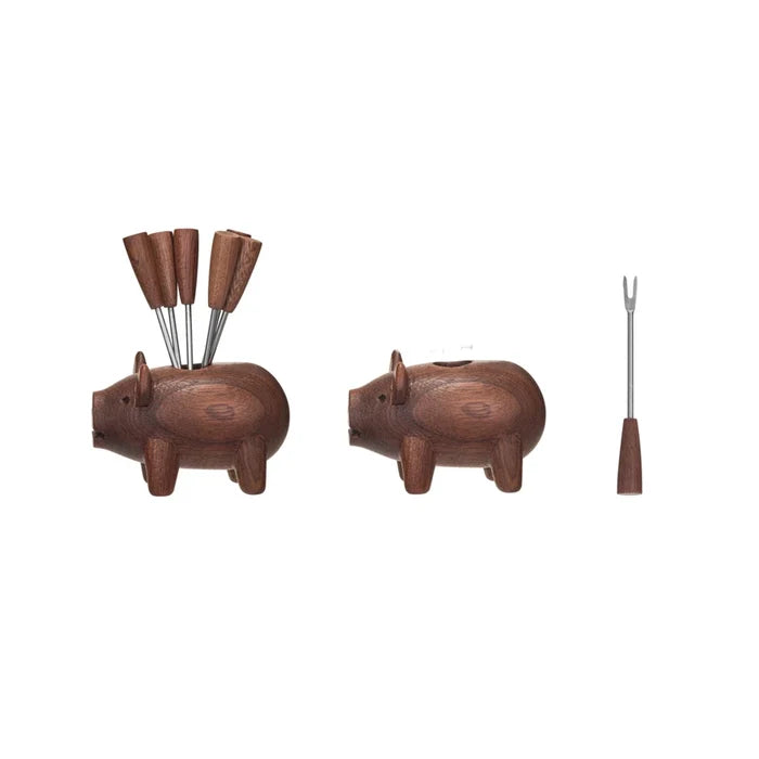 Creative Co-Op | Wooden Pig w/ Appetizer Forks