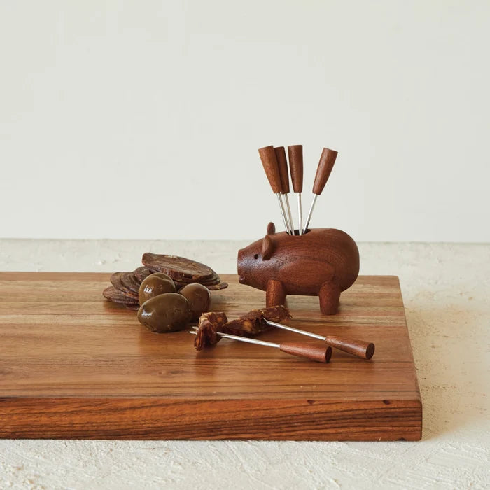 Creative Co-Op | Wooden Pig w/ Appetizer Forks