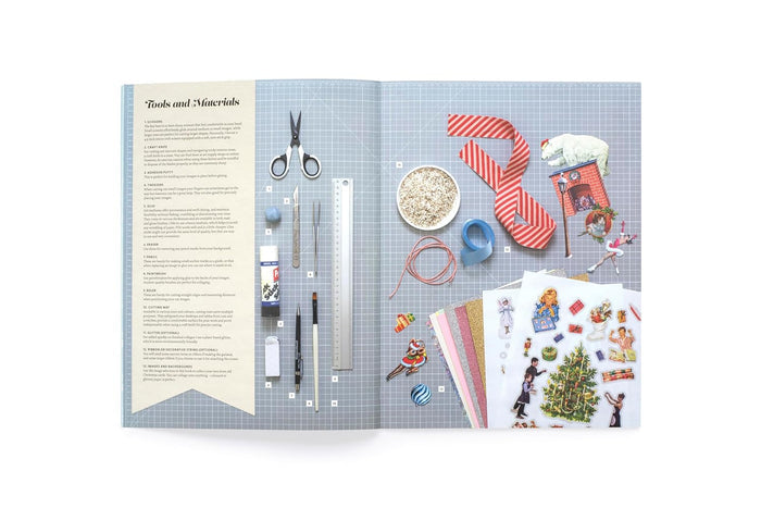 example page showing-crafting materials and tools on a checkered background with text on the left side.