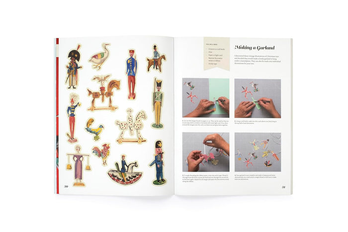 Open book showing illustrations of wooden toys and step-by-step instructions.