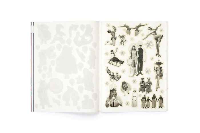 example pages- open book with black and white illustrations on a white background