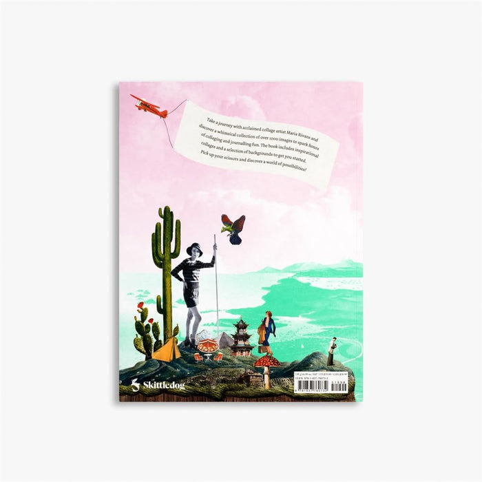 Cut up this Book and Create Your Own Extraordinary Places- back cover- Book cover with illustration of a person flying a kite on a hill with cacti and a colorful sky.