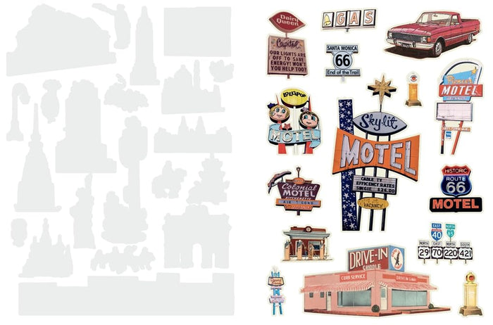 Cut up this Book and Create Your Own Extraordinary Places- page examples- a collection of vintage-style signs and buildings on a white background