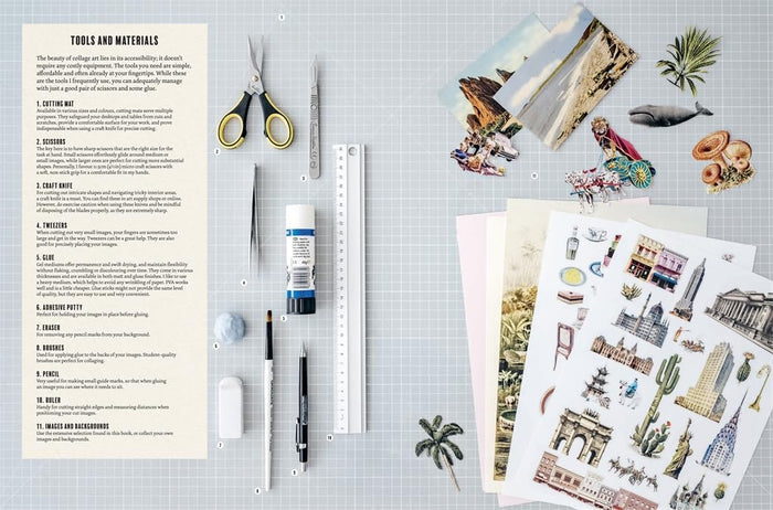 Supplies for creating a scrapbook or collage on a grid background