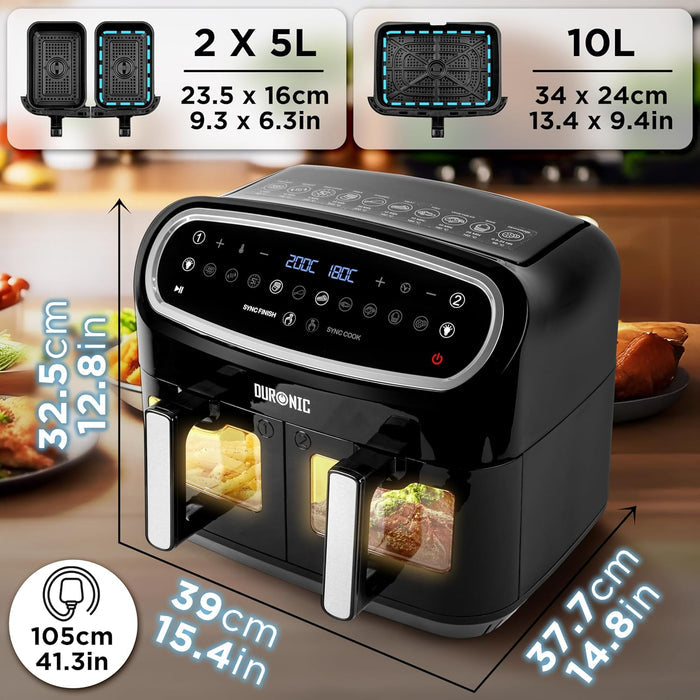Digital Dual Zone Air Fryer 10L 2400W 10 Presets Black/Silver