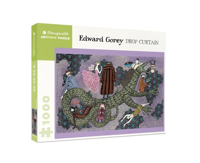 Pomegranate Edward Gorey 'Drop Curtain' puzzle packaging on a white background