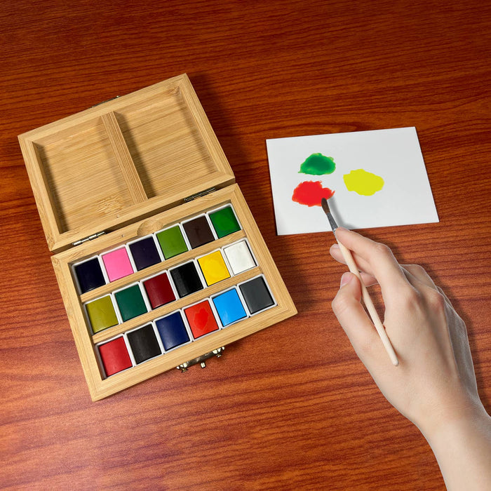 Eco- Friendly Bamboo Box Watercolor Set, 18 Colors