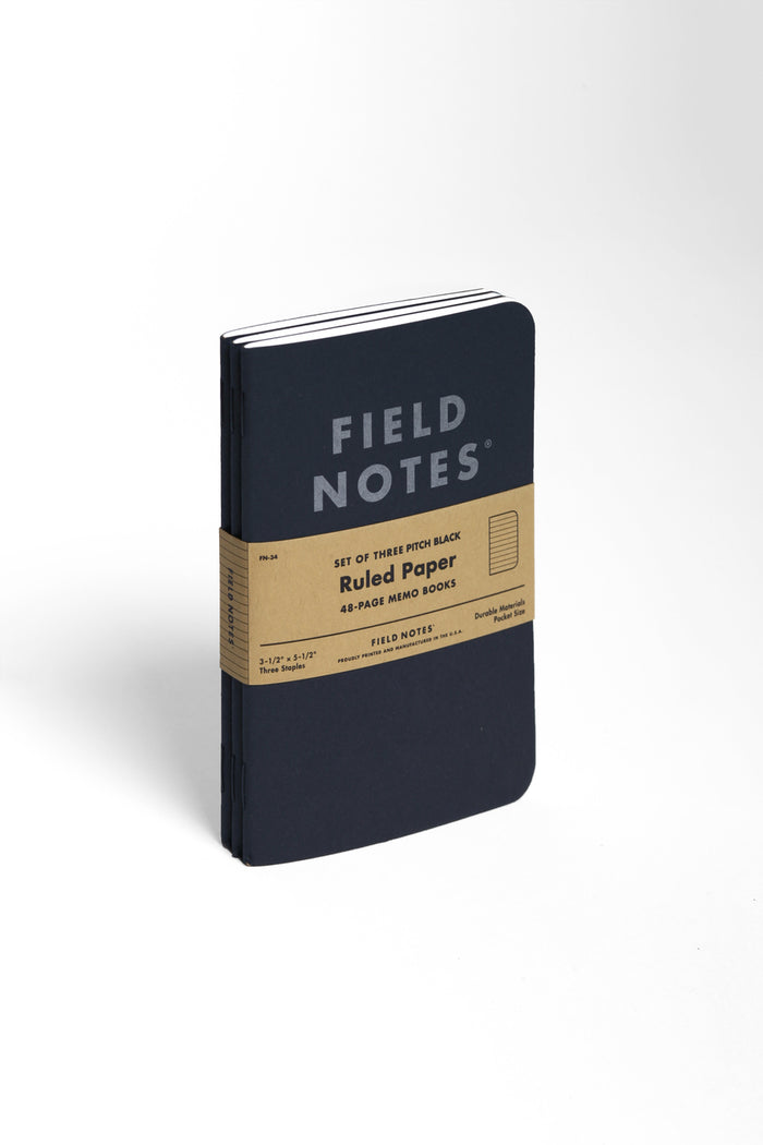 This pack of three Field Notes Pitch Black Ruled notebook measures 3.5 by 5.5 inches.