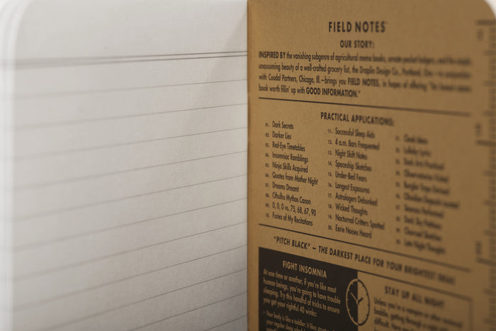 Field Notes Pitch Black Ruled 3-Pack- 3x5- NEW! features a duplexed cover with a black outside and a kraft inside.