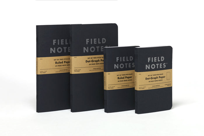 Field Notes Pitch Black notebook set comes in different sizes including a larger notebook.