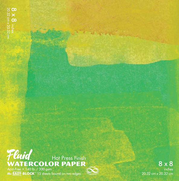 Fluid Watercolor Hot Press Finish pads are available in 5 sizes. Paper is acid free and has a smooth finish.