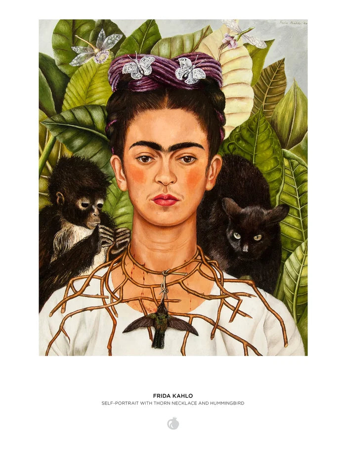 Frida Kahlo self-portrait with Thorn Necklace and Hummingbird, surrounded by plants and animals- image of insert for assembly reference