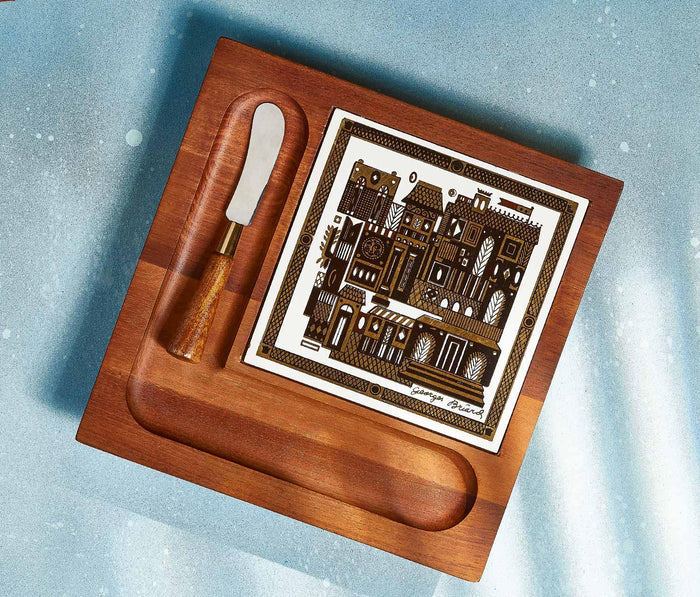 Cityscape Teak Vintage Georges Briard Cheese Board Set
