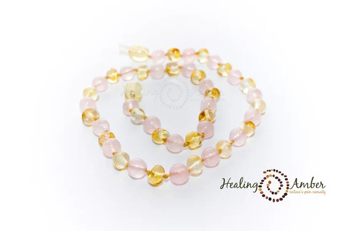 Gold Amber & Rose Quartz Teething Necklace
