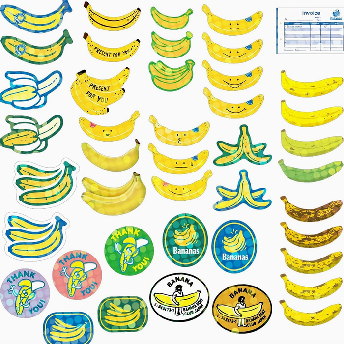 Collection of banana-themed stickers and  on a white background