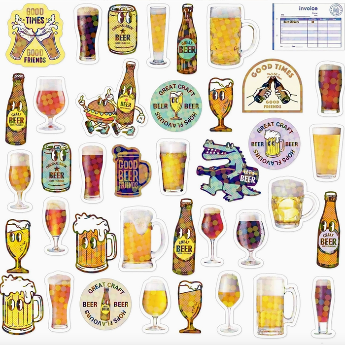 Collection of beer-themed stickers on a white background