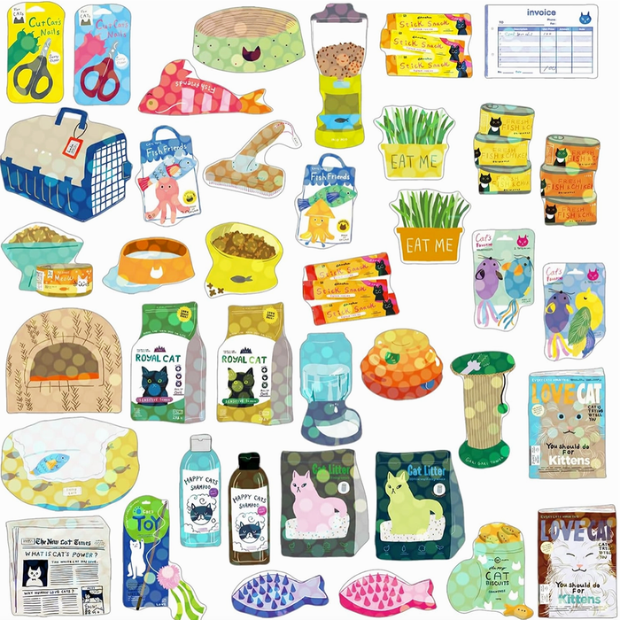 Collection of various cat-related stickers on a white background
