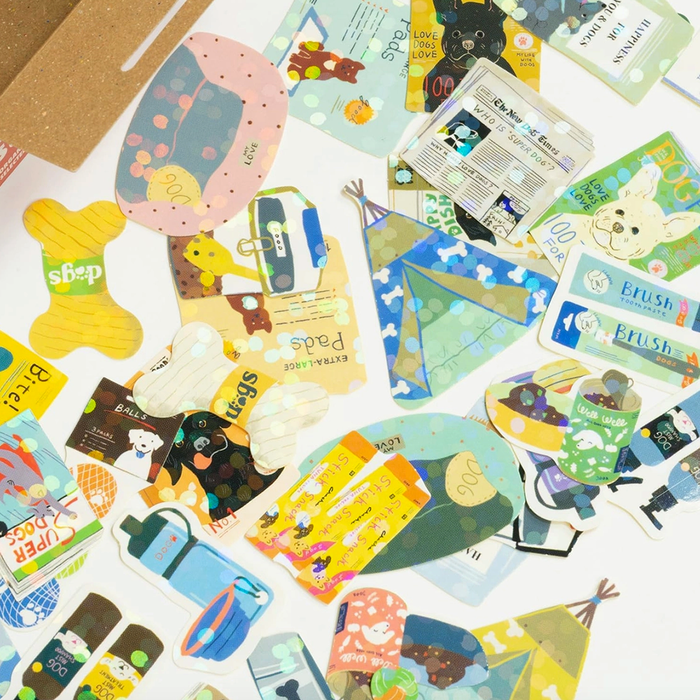 Collection of colorful dog themed stickers on a white background