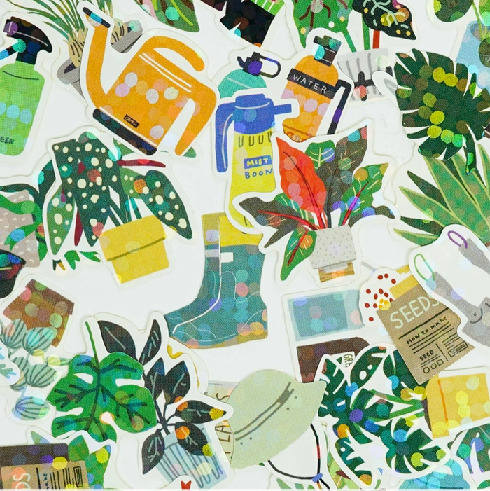 Collection of colorful garden-themed stickers on a white background