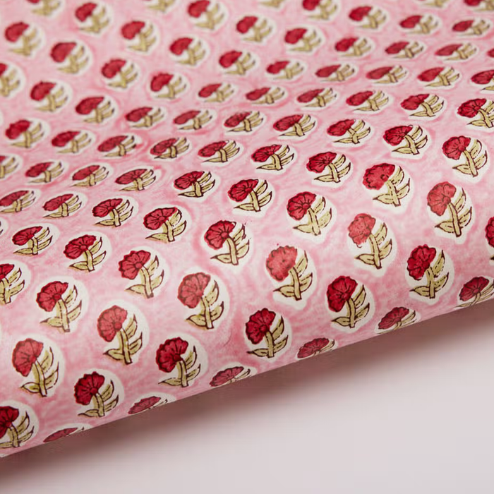 Handmade Indian Cotton Paper- Block Printed Red Daisy with pink background- detail
