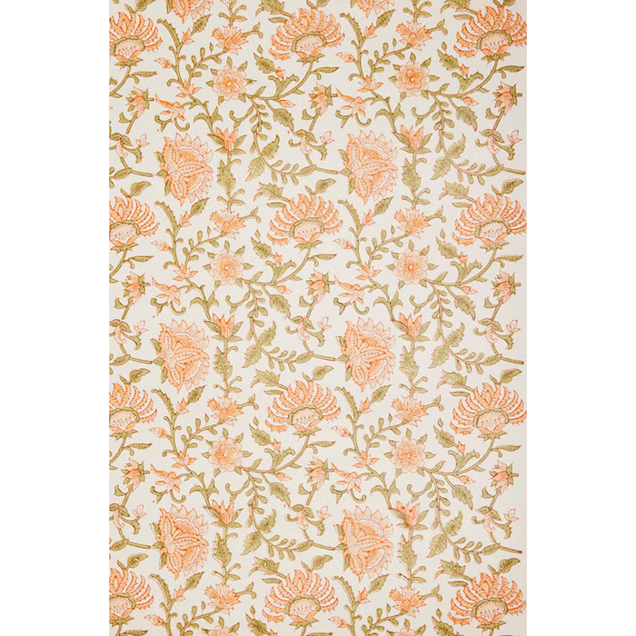 Block printed foral flowers with green leaves on white background- full sheet