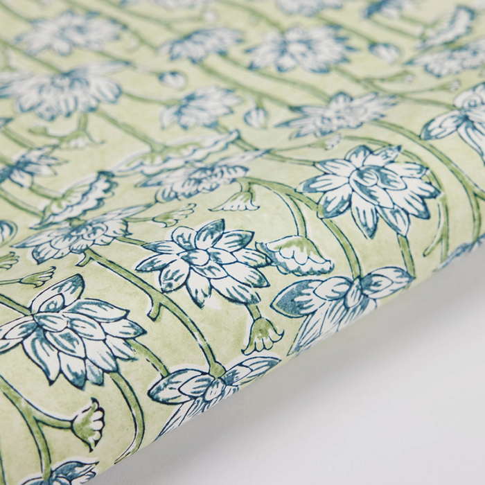 Handmade Indian Cotton Paper- Block Printed lotus floral pattern with indigo flowers and green stems- detail