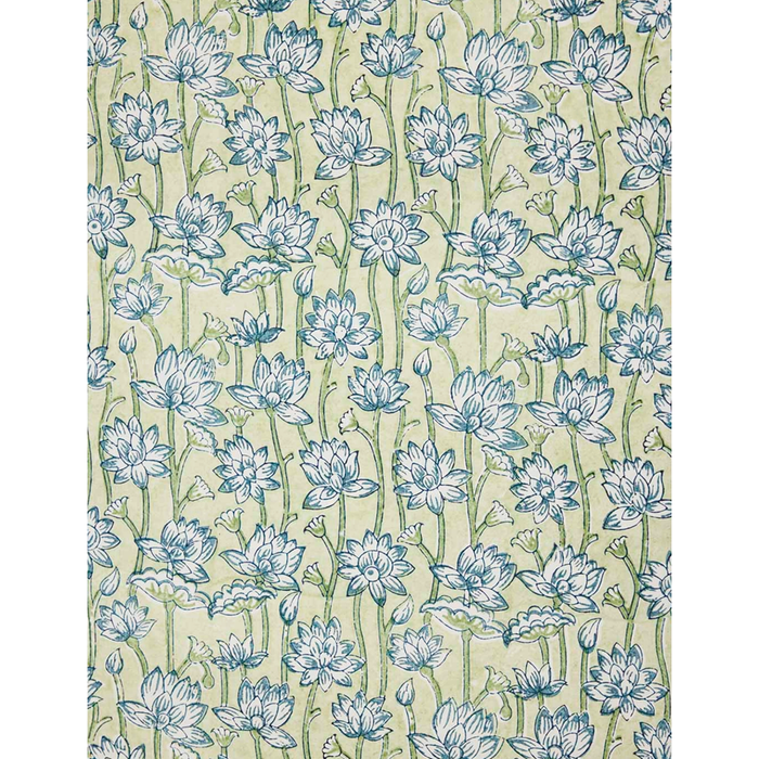 Handmade Indian Cotton Paper- Block Printed lotus floral pattern with indigo flowers and green stems- full sheet