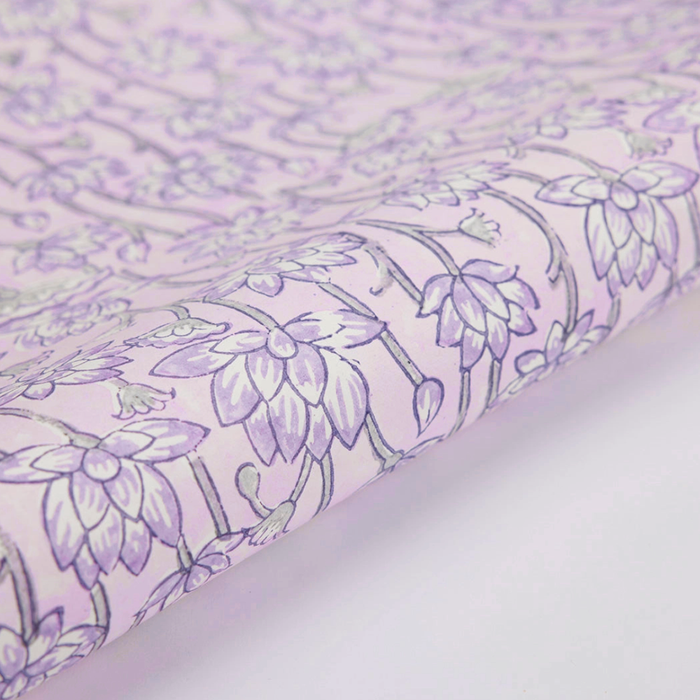 Handmade Indian Cotton Paper- Block Printed lotus floral pattern with lavender flowers and green stems- detail