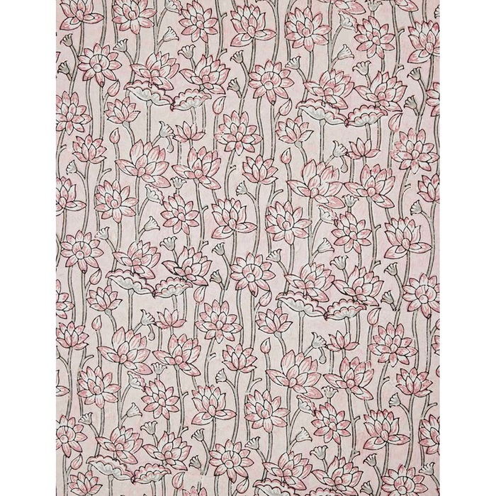 Handmade Indian Cotton Paper- Block Printed lotus floral pattern with pink flowers and green stems- full sheet