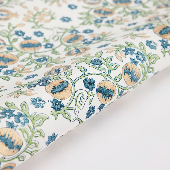 Handmade Indian Cotton Paper- Block Printed indigo and gold pomegranate pattern with  green leaves- detail