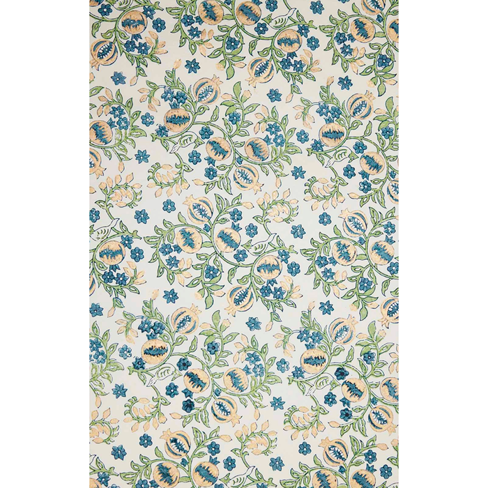 Block Printed indigo and gold pomegranate pattern with  green leaves- full sheet