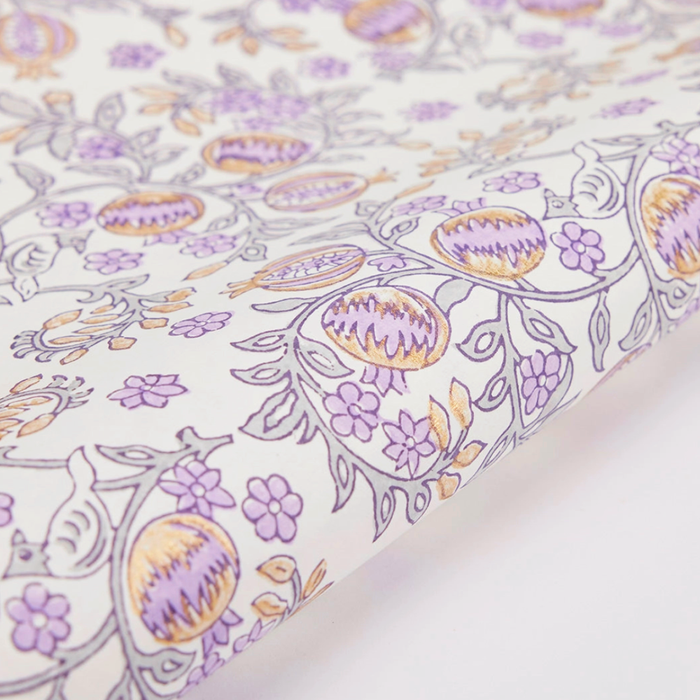 Handmade Indian Cotton Paper- Block Printed lavender and gold pomegranate pattern with  green leaves- detail
