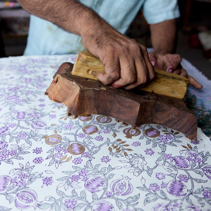 Block Printed lavender and gold pomegranate pattern with  green leaves work in progress.