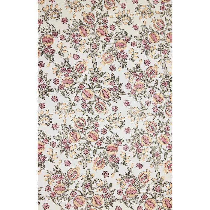 Block Printed pink and gold pomegranate pattern with  green leaves- full sheet