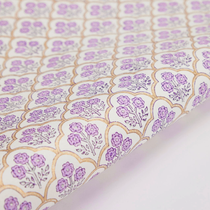 Handmade Indian Cotton Paper- Block Printed lavender and gold floral pattern with  gold arches- detail