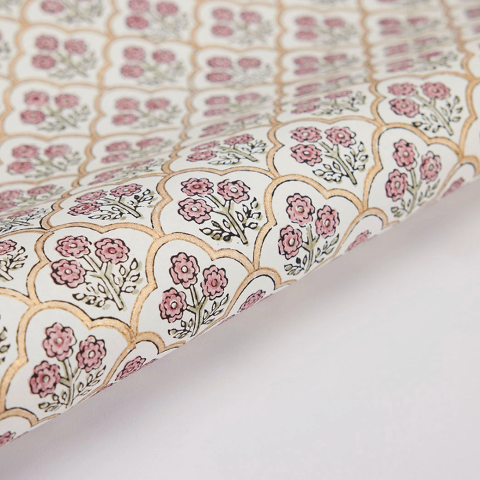 Handmade Indian Cotton Paper- Block Printed pink and gold 'trellis" pattern with  gold arches- detail