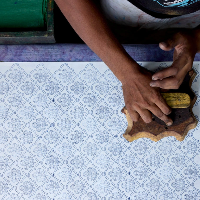 Block Printed floral pattern with leaves and arches work in progress.