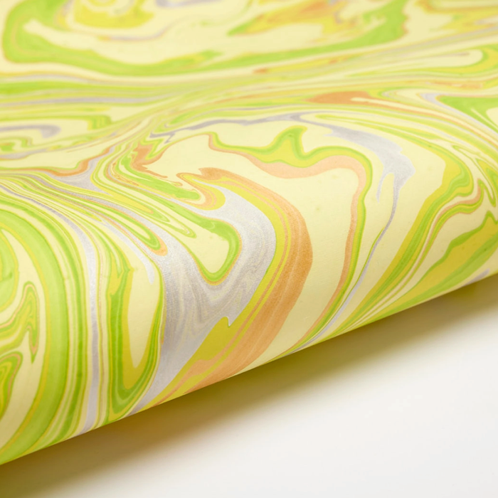 Handmade Indian Cotton Paper- Marbled Limoncello-Free Spirit- pale green, silver and gold-  detail